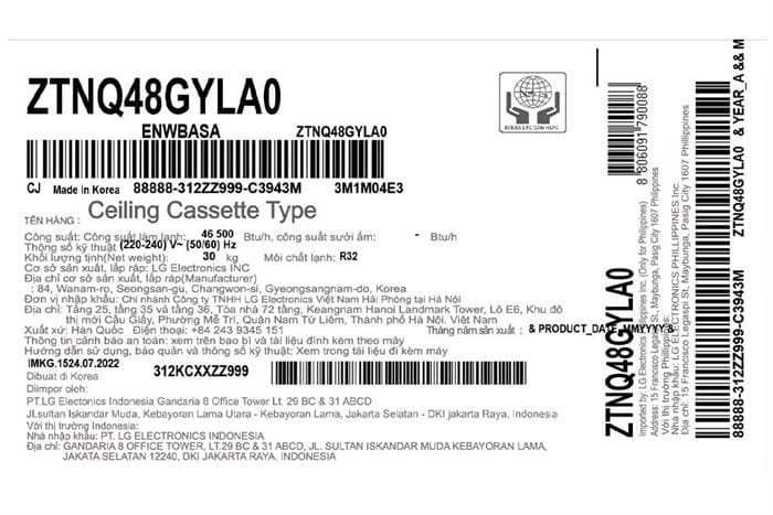 Điều hòa âm trần cassette LG Inverter 48000 BTU ZTNQ48GYLA0